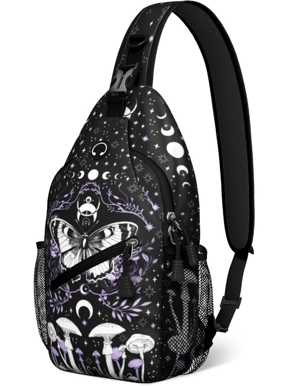 Black Gothic Butterfly Mushroom Sling Bag Crossbody Chest Bag for Women Men, Wat